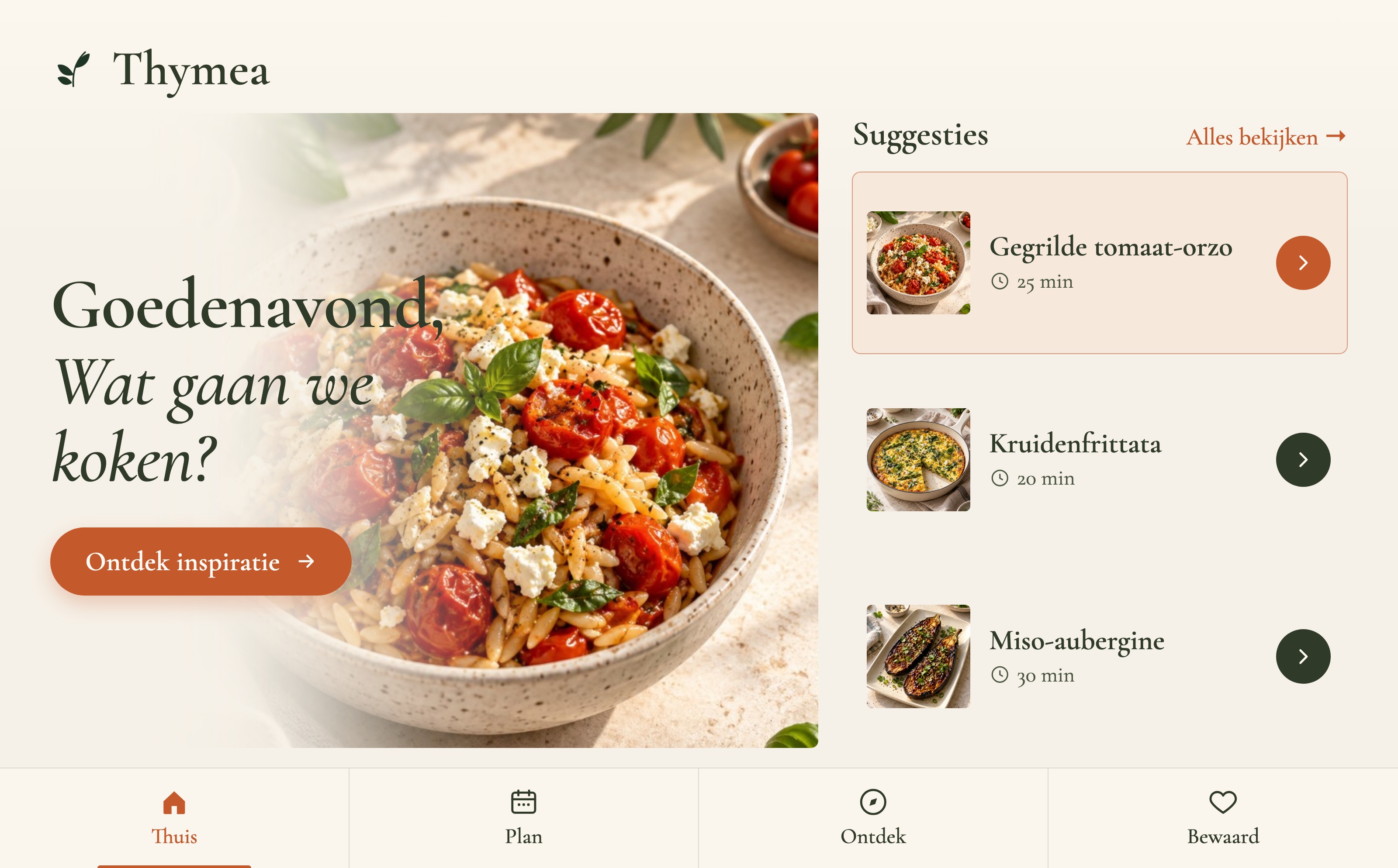 Thymea startscherm met receptsuggesties
